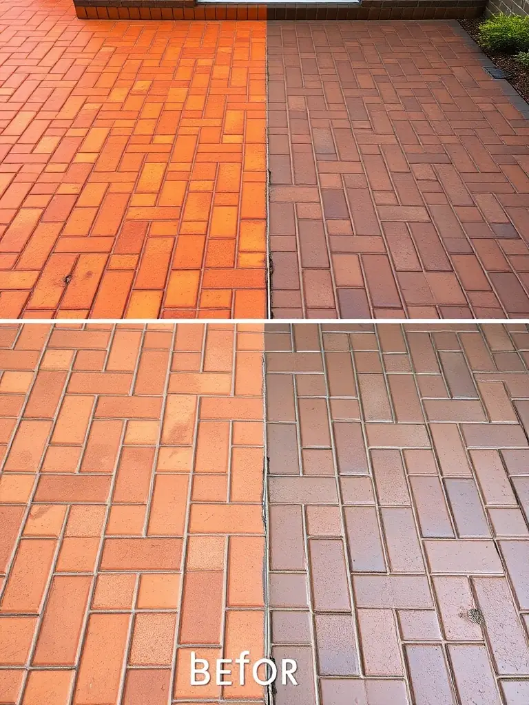 A before-and-after shot of a brick patio, with one half sealed and the other unsealed, demonstrating the protective qualities and enhanced color of SV Brick Pavers' sealing service.