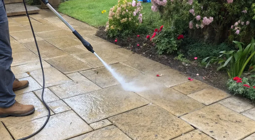 A close-up shot of a pressure washing nozzle cleaning a brick patio, with a clear contrast between the clean and dirty areas, highlighting the effectiveness of SV Brick Pavers' pressure washing service.