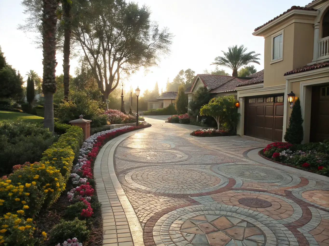 A beautifully paved driveway using high-quality bricks, showcasing the craftsmanship of SV Brick Pavers. The driveway leads to a well-maintained house, emphasizing the enhanced curb appeal.