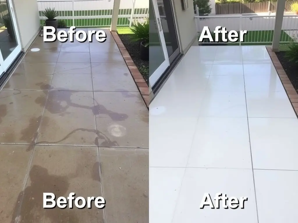 A before-and-after image of a patio cleaned with pressure washing, highlighting the effectiveness of the service. The 'before' side shows dirt and grime, while the 'after' side is clean and vibrant.