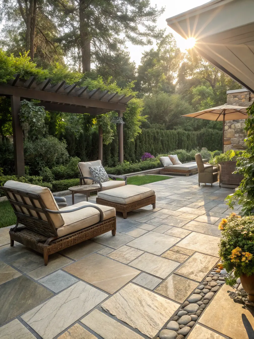A wide shot of a beautifully paved brick patio surrounding a swimming pool, with comfortable outdoor furniture and lush greenery, showcasing the luxurious and functional outdoor spaces created by SV Brick Pavers.